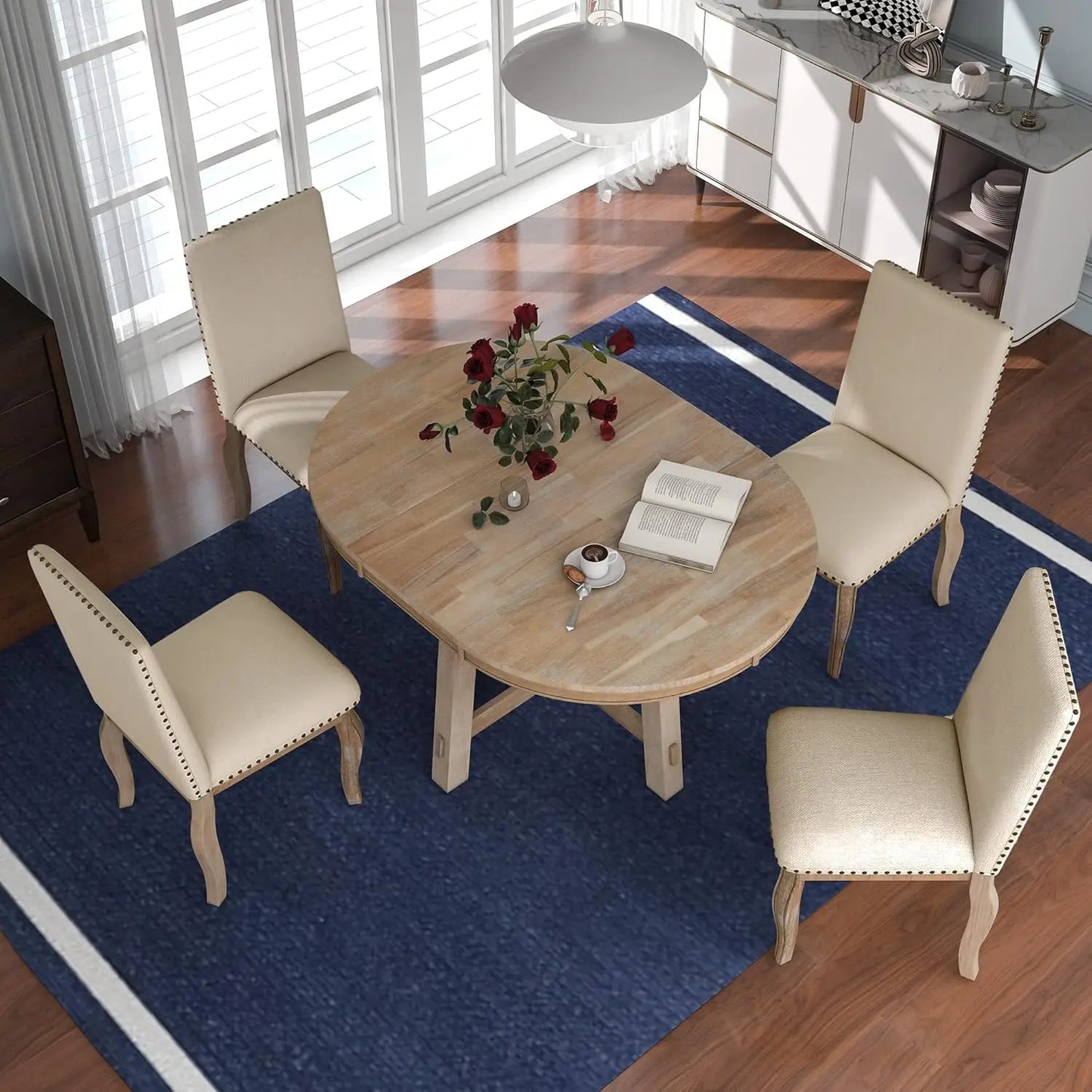 5-Piece Round Dining Table Set, Extendable Table with 4 Upholstered Chairs, Dining Room Table Sets, Kitchen Tables sets