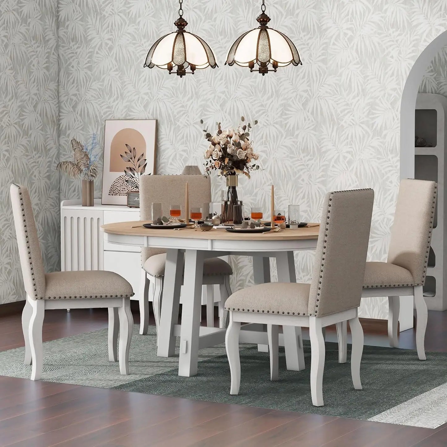 5-Piece Round Dining Table Set, Extendable Table with 4 Upholstered Chairs, Dining Room Table Sets, Kitchen Tables sets