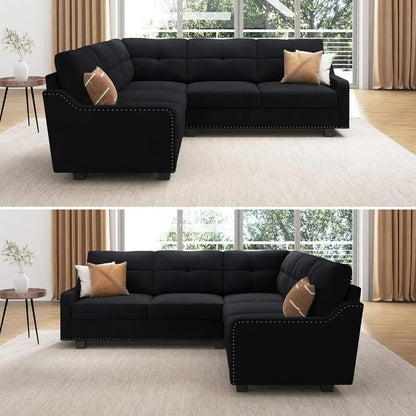 Living Room Convertible Sectional Sofa, L Shaped Couch for Small Apartment, Reversible Sectional Couch, Velvet Black