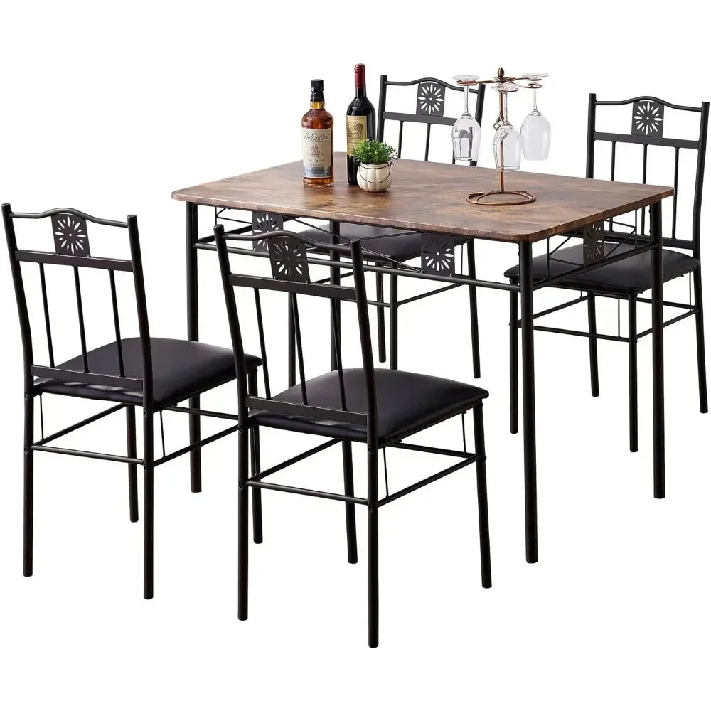 Kitchen Dining Room Table Sets for 4, 5 Piece Metal and Wood Rectangular Breakfast Nook,Dinette with Chairs,Brown