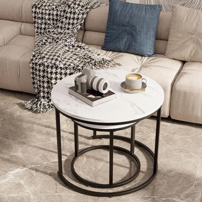 Coffee Table Nesting White Set of 2 Side Set Golden Frame Circular and Marble Pattern Wooden Tables, Living Room Bedroom