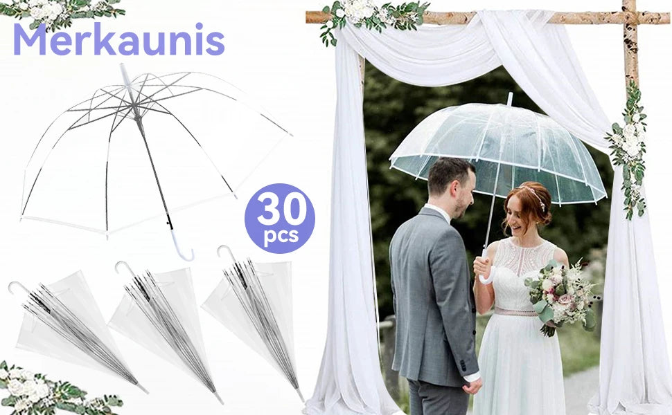 30 Pack Clear Wedding Umbrellas Bulk Auto Open Clear Stick Umbrellas,Transparent Windproof Wedding Style Stick Umbrellas