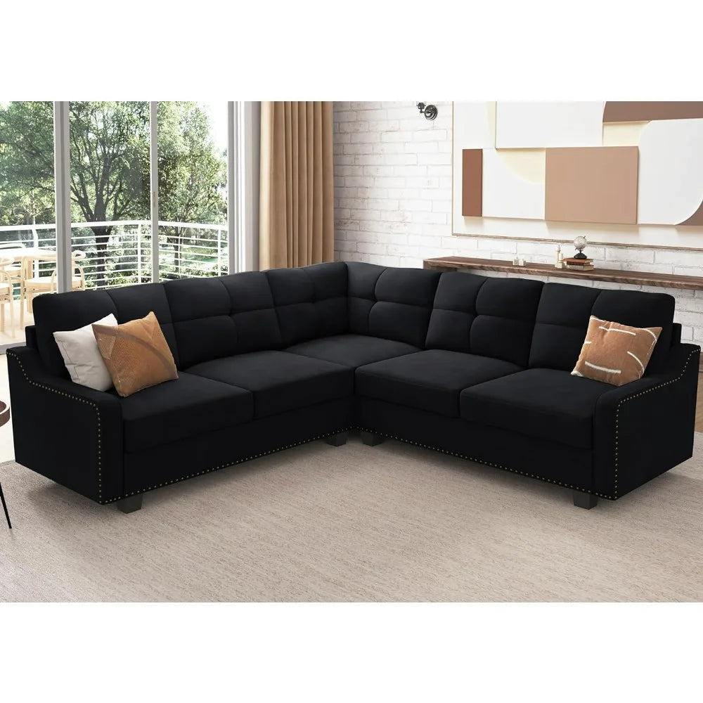 Living Room Convertible Sectional Sofa, L Shaped Couch for Small Apartment, Reversible Sectional Couch, Velvet Black