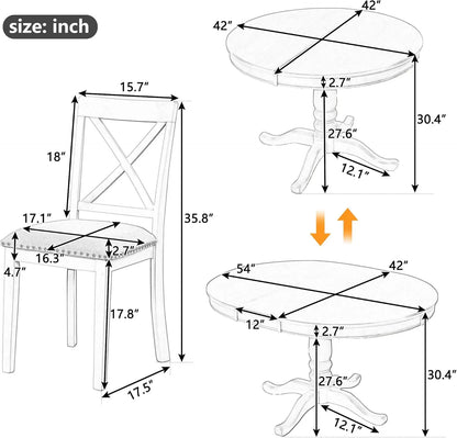 5-Piece Round Dining Table Set, Extendable Table with 4 Upholstered Chairs, Dining Room Table Sets, Kitchen Tables sets