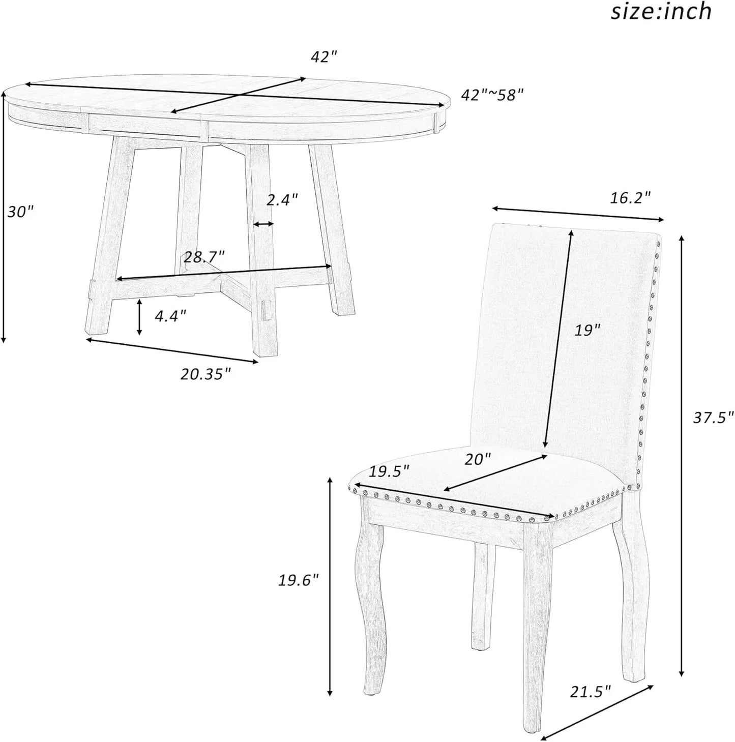 5-Piece Round Dining Table Set, Extendable Table with 4 Upholstered Chairs, Dining Room Table Sets, Kitchen Tables sets