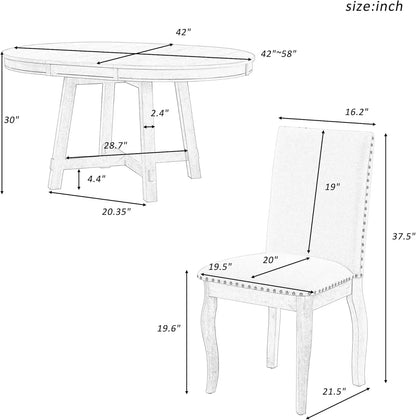 5-Piece Round Dining Table Set, Extendable Table with 4 Upholstered Chairs, Dining Room Table Sets, Kitchen Tables sets