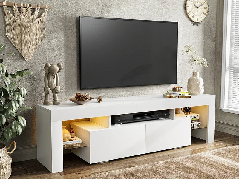 TV Stand with LED Lights, Modern Entertainment Center Media and Open Shelf Console Table Storage Desk, TV Stand