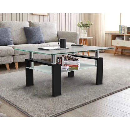 Clear Glass Coffee Table Metal Tube (All-Black)