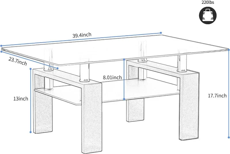 Rectangle Glass Coffee Table 2-Tier Tea Table Modern Side Coffee Table for Living Room