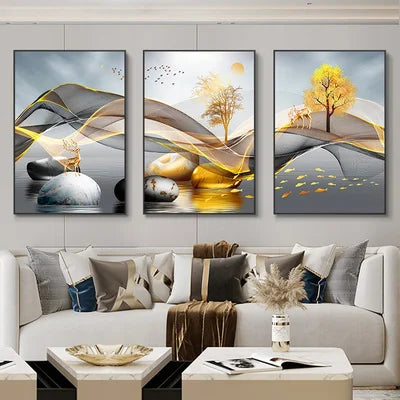 3 Pieces Nordic Luxury Ribbon Abstract Landscape Wall Art Canvas Paintings Modern Gold Deer Poster Print Picture for Home Decor