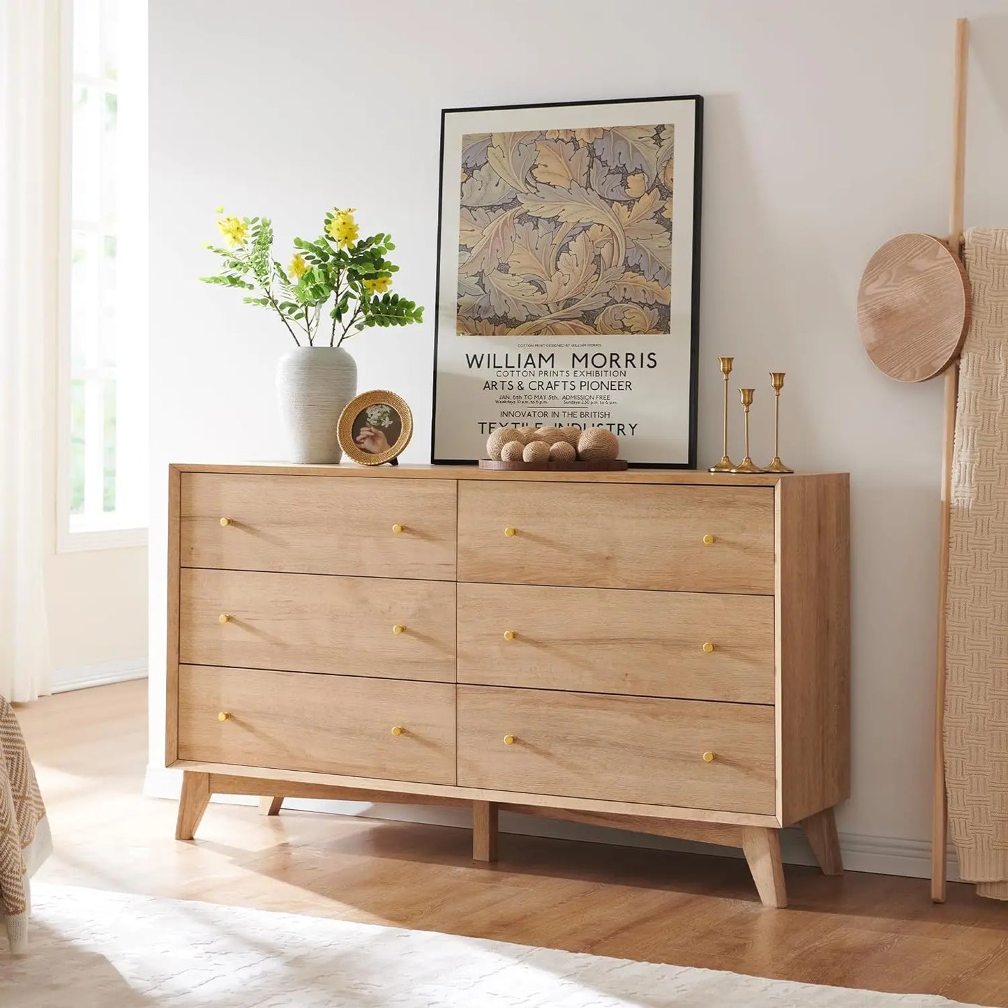 2/5/6 Drawer Dresser, 54" Wide Mid Century Modern Chest of Drawers, Beveled Profile Design, Dresser TV Stand, Wood Organizer