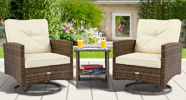 3-Piece Patio Outdoor Wicker Bistro Rocking Furniture Conversation Chairs for Garden, Backyard and Balcony Tan Chairs