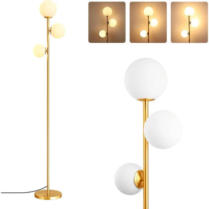 69in Gold Modern Floor Lamp for Living Room, Upgraded Dimmable 3 Globe Mid Century Standing Lamps, Built-in LED