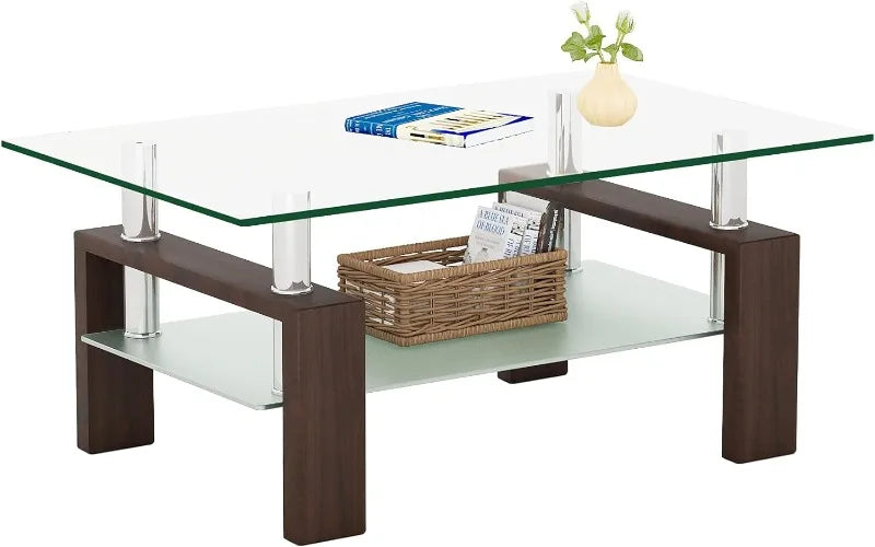 Rectangle Glass Coffee Table 2-Tier Tea Table Modern Side Coffee Table for Living Room