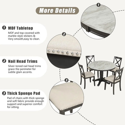 5-Piece Round Dining Table Set, Extendable Table with 4 Upholstered Chairs, Dining Room Table Sets, Kitchen Tables sets