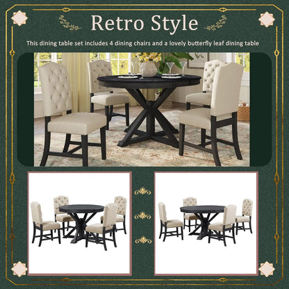 5-Piece Round Dining Table Set, Extendable Table with 4 Upholstered Chairs, Dining Room Table Sets, Kitchen Tables sets