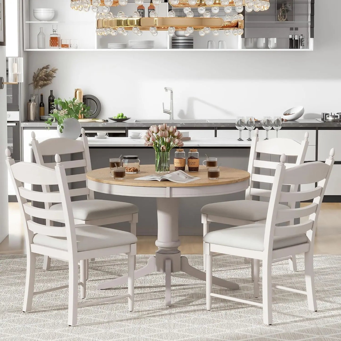 5-Piece Round Dining Table Set, Extendable Table with 4 Upholstered Chairs, Dining Room Table Sets, Kitchen Tables sets